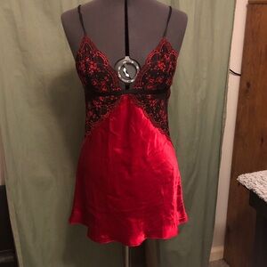 In Bloom Red Satin and Black Lace Chemise